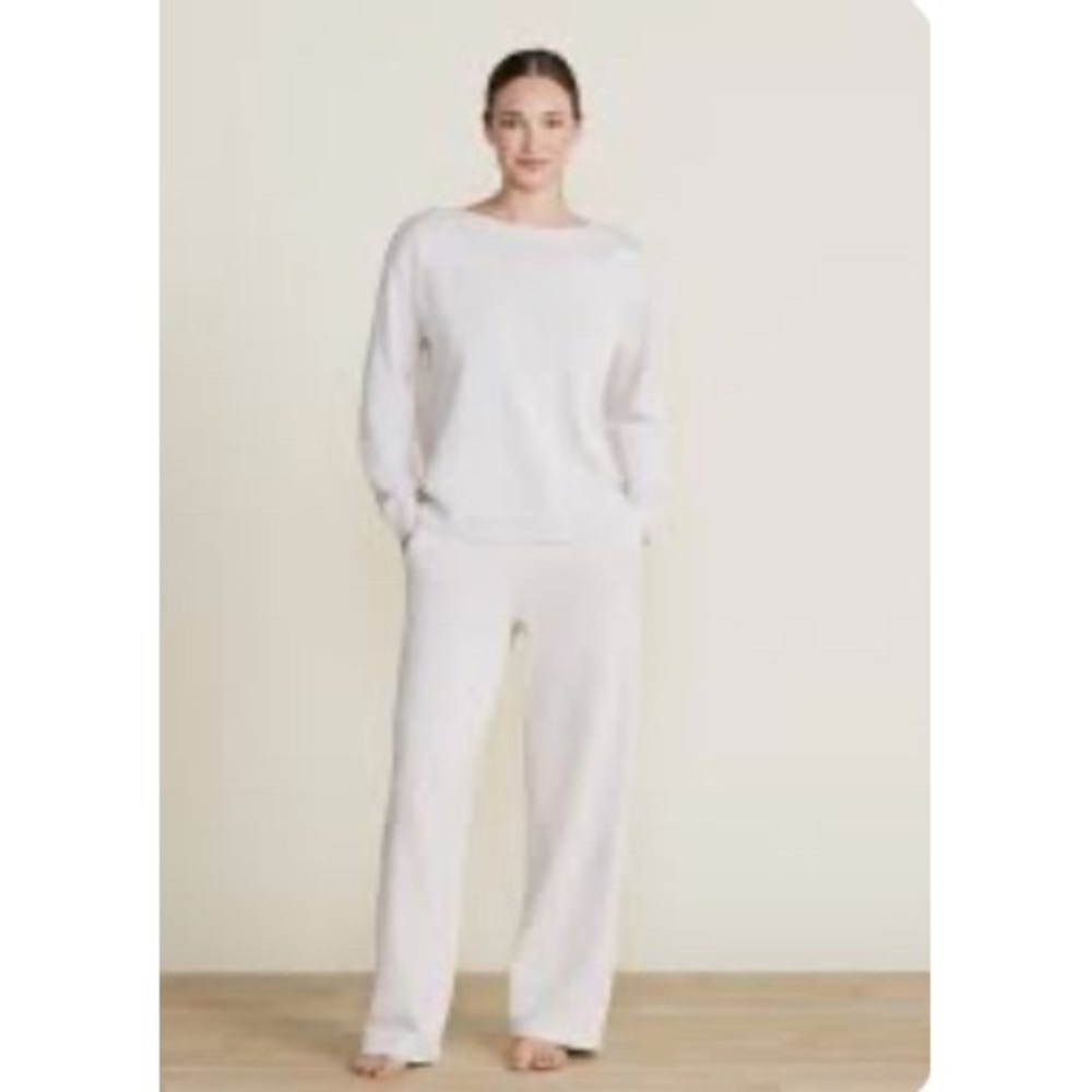 Barefoot Dreams Sunbleached Seamed Pant Boatneck Top Set White Cotton M L